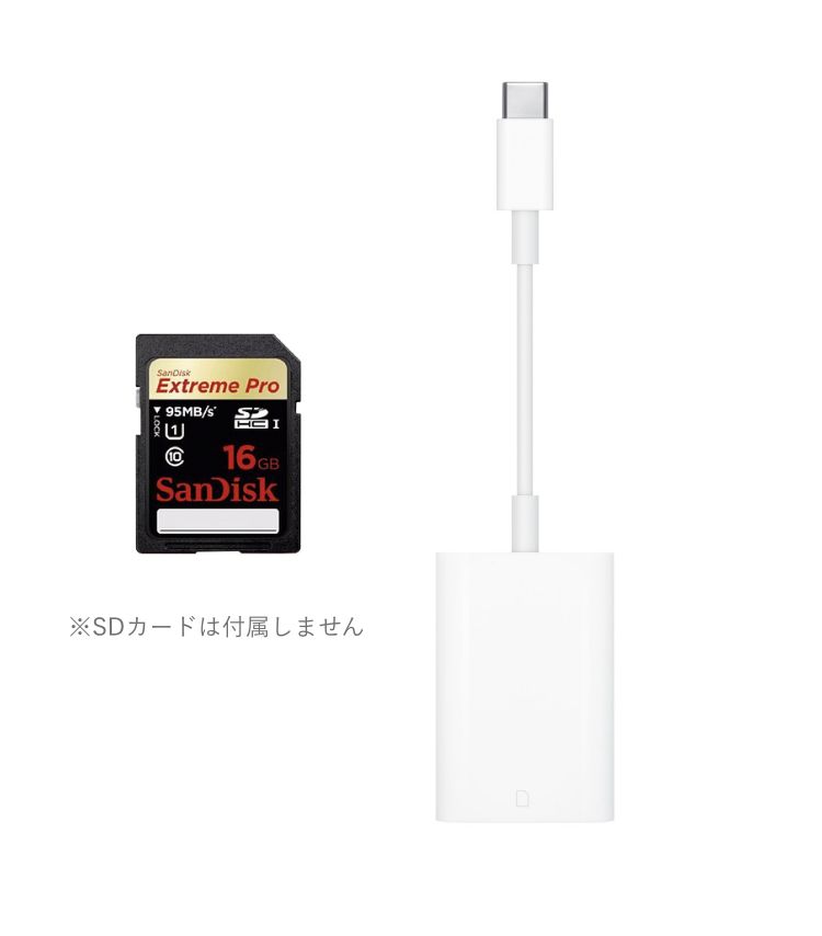 SanDisk Extreme Pro 16GB microSD card shown beside a white USB-C adapter; caption notes that the SD card is not included.