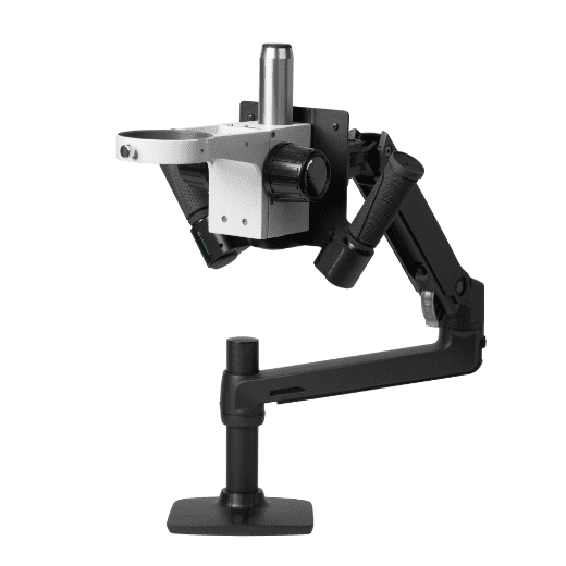 Adjustable articulated camera mounting arm attached to a sturdy base with a clamp for positioning.