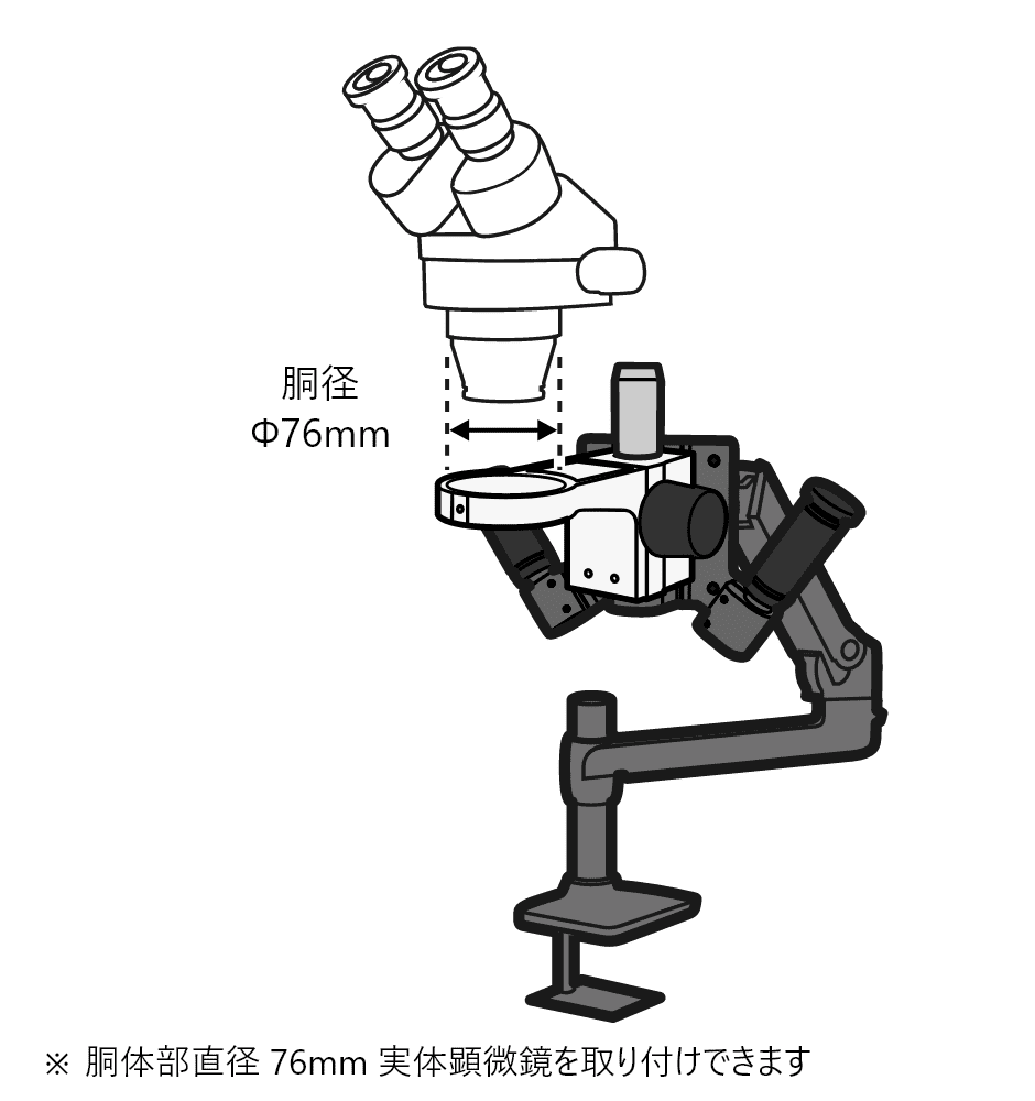 Diagram of a microscope mounted on a clamp stand, with a label showing a 76 mm diameter (φ76mm) fitting for attaching a real microscope.