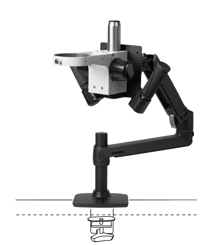 Articulated camera/microscope mounting arm on a benchtop stand with adjustable joints, isolated on white.